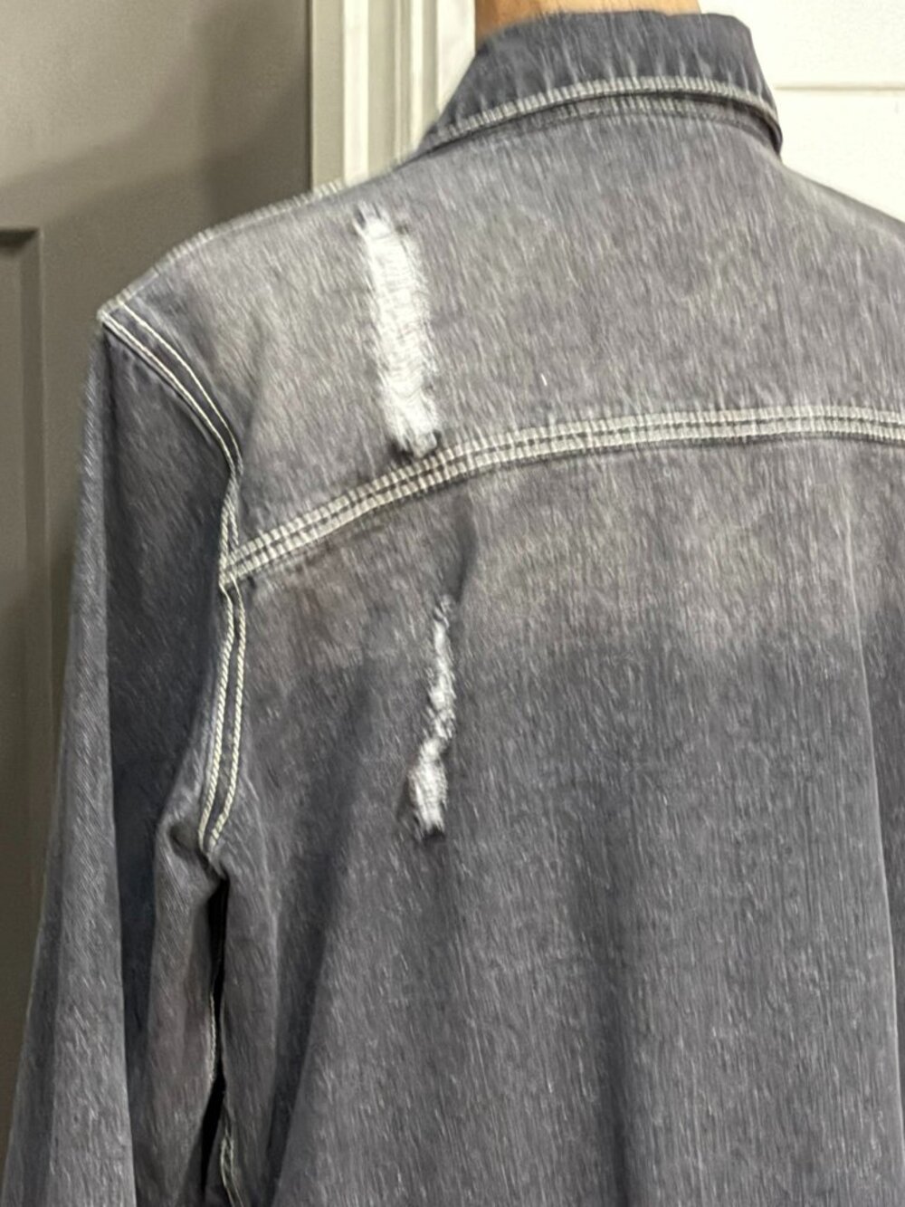 Black Distressed Button‑Up Jean Jacket — Excellent Condition - Picture 6 of 11
